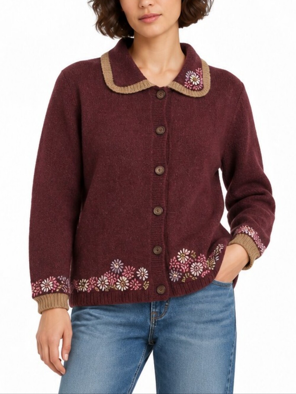 Woolrich Womens Wool Cardigan Sweater Burgundy Floral Embroidered L Cottagecore